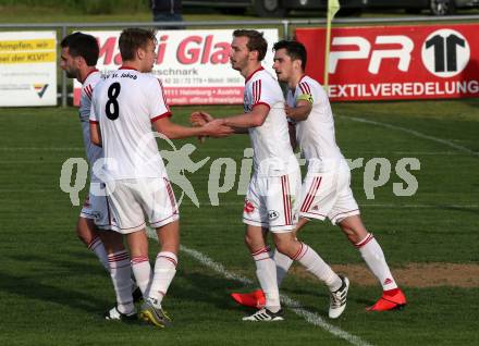 Fussball Kaerntner Liga. Bleiburg gegen St. Jakob im Rosental. Torjubel Florian Schaller, Thomas Ogradnig, Manuel Alexander Schuettelkopf  (St. Jakob). Bleiburg, am 25.5.2019.
Foto: Kuess
---
pressefotos, pressefotografie, kuess, qs, qspictures, sport, bild, bilder, bilddatenbank