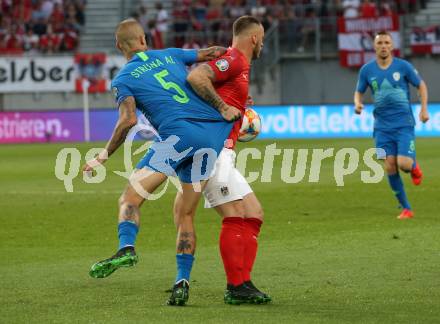 Fussball Laenderspiel. Europameisterschaft Qualifikation. Oesterreich gegen Slowenien.  Marko Arnautovic, (Oesterreich), Aljaz Struna (Slowenien). Klagenfurt, am 7.6.2019.
Foto: Kuess
---
pressefotos, pressefotografie, kuess, qs, qspictures, sport, bild, bilder, bilddatenbank