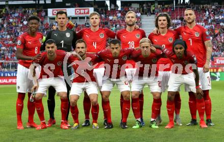 Fussball Laenderspiel. Europameisterschaft Qualifikation. Oesterreich gegen Slowenien. Hinten von links: David Alaba, Heinz Lindner, Martin Hinteregger, Konrad Laimer, Marcel Sabitzer, Marko Arnautovic. Vorne von links: Aleksandar Dragovic, Andreas Ulmer, Stefan Lainer, Xaver Schlager, Valentino Lazaro (Oesterreich). Klagenfurt, am 7.6.2019.
Foto: Kuess
---
pressefotos, pressefotografie, kuess, qs, qspictures, sport, bild, bilder, bilddatenbank