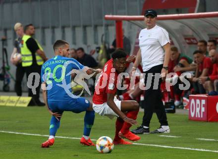 Fussball Laenderspiel. Europameisterschaft Qualifikation. Oesterreich gegen Slowenien. David Alaba,  (Oesterreich), Petar Stojanovic (Slowenien). Klagenfurt, am 7.6.2019.
Foto: Kuess
---
pressefotos, pressefotografie, kuess, qs, qspictures, sport, bild, bilder, bilddatenbank