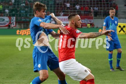 Fussball Laenderspiel. Europameisterschaft Qualifikation. Oesterreich gegen Slowenien. Marko Arnautovic, (Oesterreich),  Jaka Bijol (Slowenien). Klagenfurt, am 7.6.2019.
Foto: Kuess
---
pressefotos, pressefotografie, kuess, qs, qspictures, sport, bild, bilder, bilddatenbank