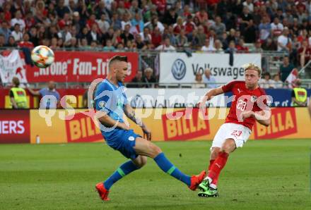 Fussball Laenderspiel. Europameisterschaft Qualifikation. Oesterreich gegen Slowenien. Xaver Schlager, (Oesterreich), Jasmin Kurtic  (Slowenien). Klagenfurt, am 7.6.2019.
Foto: Kuess
---
pressefotos, pressefotografie, kuess, qs, qspictures, sport, bild, bilder, bilddatenbank