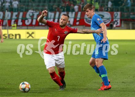 Fussball Laenderspiel. Europameisterschaft Qualifikation. Oesterreich gegen Slowenien. Marko Arnautovic, (Oesterreich),  Jaka Bijol  (Slowenien). Klagenfurt, am 7.6.2019.
Foto: Kuess
---
pressefotos, pressefotografie, kuess, qs, qspictures, sport, bild, bilder, bilddatenbank