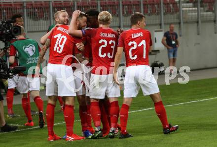 Fussball Laenderspiel. Europameisterschaft Qualifikation. Oesterreich gegen Slowenien.  Torjubel Guido Burgstaller (Oesterreich). Klagenfurt, am 7.6.2019.
Foto: Kuess
---
pressefotos, pressefotografie, kuess, qs, qspictures, sport, bild, bilder, bilddatenbank