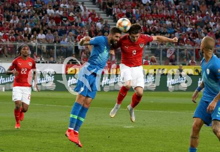 Fussball Laenderspiel. Europameisterschaft Qualifikation. Oesterreich gegen Slowenien.  Marcel Sabitzer,  (Oesterreich), Miha Mevlja (Slowenien). Klagenfurt, am 7.6.2019.
Foto: Kuess
---
pressefotos, pressefotografie, kuess, qs, qspictures, sport, bild, bilder, bilddatenbank
