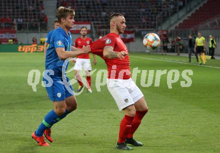 Fussball Laenderspiel. Europameisterschaft Qualifikation. Oesterreich gegen Slowenien. Marko Arnautovic, (Oesterreich), Jaka Bijol  (Slowenien). Klagenfurt, am 7.6.2019.
Foto: Kuess
---
pressefotos, pressefotografie, kuess, qs, qspictures, sport, bild, bilder, bilddatenbank