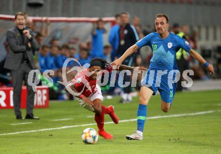 Fussball Laenderspiel. Europameisterschaft Qualifikation. Oesterreich gegen Slowenien. Valentino Lazaro, (Oesterreich), Denis Popovic  (Slowenien). Klagenfurt, am 7.6.2019.
Foto: Kuess
---
pressefotos, pressefotografie, kuess, qs, qspictures, sport, bild, bilder, bilddatenbank