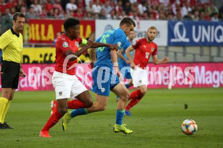 Fussball Laenderspiel. Europameisterschaft Qualifikation. Oesterreich gegen Slowenien. David Alaba, (Oesterreich), Domen Crnigoj  (Slowenien). Klagenfurt, am 7.6.2019.
Foto: Kuess
---
pressefotos, pressefotografie, kuess, qs, qspictures, sport, bild, bilder, bilddatenbank