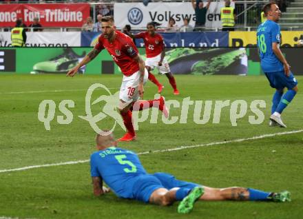Fussball Laenderspiel. Europameisterschaft Qualifikation. Oesterreich gegen Slowenien. Torjubel Guido Burgstaller (Oesterreich). Klagenfurt, am 7.6.2019.
Foto: Kuess
---
pressefotos, pressefotografie, kuess, qs, qspictures, sport, bild, bilder, bilddatenbank