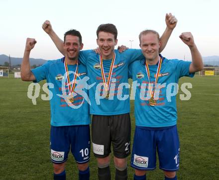 Fussball. Kaerntner Liga. Woelfnitz gegen ATSV Wolfsberg. Meisterjubel Patrick Pfennich, Max Friesacher, Marcel Maximilian Stoni  (Wolfsberg). Woelfnitz, 14.6.2019.
Foto: Kuess
---
pressefotos, pressefotografie, kuess, qs, qspictures, sport, bild, bilder, bilddatenbank