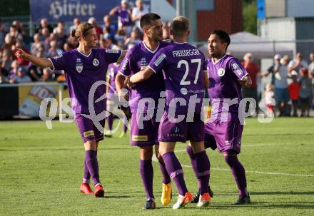 Fussball. 2. Liga. âSK Austria Klagenfurt gegen FC Liefering. Torjubel Patrick Greil, Darijo Pecirep, Florian Freissegger, Maximiliano Moreira Romero (Klagenfurt). Klagenfurt, 4.8.2019.
Foto: Kuess
www.qspictures.net
---
pressefotos, pressefotografie, kuess, qs, qspictures, sport, bild, bilder, bilddatenbank