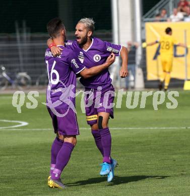 Fussball. 2. Liga. âSK Austria Klagenfurt gegen FC Liefering.  Torjubel Okan Aydin, Oliver Markoutz (Klagenfurt). Klagenfurt, 4.8.2019.
Foto: Kuess
www.qspictures.net
---
pressefotos, pressefotografie, kuess, qs, qspictures, sport, bild, bilder, bilddatenbank