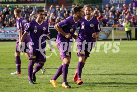 Fussball. 2. Liga. âSK Austria Klagenfurt gegen FC Liefering. Torjubel Patrick Greil, Darijo Pecirep, Florian Freissegger, Maximiliano Moreira Romero (Klagenfurt). Klagenfurt, 4.8.2019.
Foto: Kuess
www.qspictures.net
---
pressefotos, pressefotografie, kuess, qs, qspictures, sport, bild, bilder, bilddatenbank