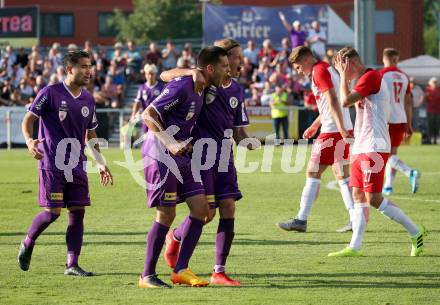 Fussball. 2. Liga. âSK Austria Klagenfurt gegen FC Liefering. Torjubel Patrick Greil, Darijo Pecirep,  Maximiliano Moreira Romero (Klagenfurt). Klagenfurt, 4.8.2019.
Foto: Kuess
www.qspictures.net
---
pressefotos, pressefotografie, kuess, qs, qspictures, sport, bild, bilder, bilddatenbank