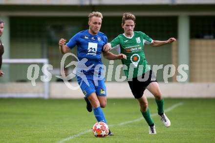 Fussball Unterliga West. Seeboden gegen Matrei. Pasqual Eder,  (Seeboden), Christoph Jestl (Matrei). Seeboden, am 3.8.2019.
Foto: Kuess
www.qspictures.net
---
pressefotos, pressefotografie, kuess, qs, qspictures, sport, bild, bilder, bilddatenbank
