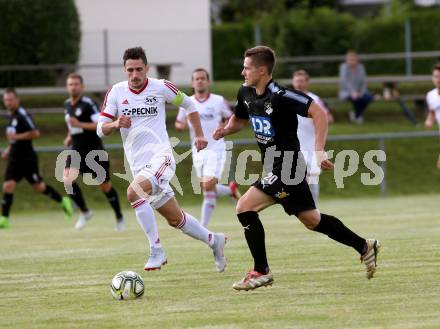 Fussball. Kaerntner Liga. Bleiburg gegen St. Jakob/Ros. Raphael Lukas Kulterer   (Bleiburg),  Manuel Alexander Schuettelkopf   (St. Jakob). Klagenfurt, 3.8.2019.
Foto: Kuess
www.qspictures.net
---
pressefotos, pressefotografie, kuess, qs, qspictures, sport, bild, bilder, bilddatenbank