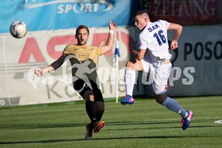 Fussball Kaerntner Liga. SAK gegen Koettmannsdorf.  Zan Palcic (SAK), Martin Trattnig (Koettmannsdorf). Klagenfurt, am 9.8.2019.
Foto: Kuess
www.qspictures.net
---
pressefotos, pressefotografie, kuess, qs, qspictures, sport, bild, bilder, bilddatenbank