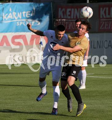 Fussball Kaerntner Liga. SAK gegen Koettmannsdorf. Amer Krcic, (SAK),  Philipp Gatti (Koettmannsdorf). Klagenfurt, am 9.8.2019.
Foto: Kuess
www.qspictures.net
---
pressefotos, pressefotografie, kuess, qs, qspictures, sport, bild, bilder, bilddatenbank