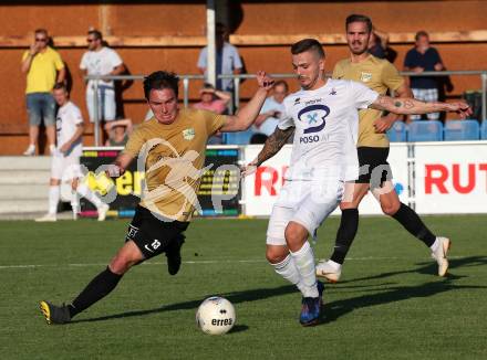 Fussball Kaerntner Liga. SAK gegen Koettmannsdorf.  Amer Krcic,  (SAK),   Philipp Gatti (Koettmannsdorf). Klagenfurt, am 9.8.2019.
Foto: Kuess
www.qspictures.net
---
pressefotos, pressefotografie, kuess, qs, qspictures, sport, bild, bilder, bilddatenbank