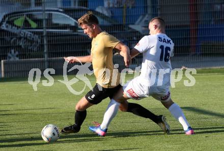 Fussball Kaerntner Liga. SAK gegen Koettmannsdorf. Zan Palcic,  (SAK),  Michael Jakopitsch (Koettmannsdorf). Klagenfurt, am 9.8.2019.
Foto: Kuess
www.qspictures.net
---
pressefotos, pressefotografie, kuess, qs, qspictures, sport, bild, bilder, bilddatenbank