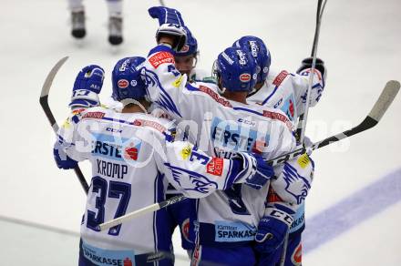 EBEL. Eishockey Bundesliga. Testspiel. EC VSV gegen HDD Olimpija Ljubljana.  Torjubel Christof Kromp, Kevin Schmidt, Bernd Wolf (VSV). Villach, am 16.8.2019.
Foto: Kuess
www.qspictures.net
---
pressefotos, pressefotografie, kuess, qs, qspictures, sport, bild, bilder, bilddatenbank