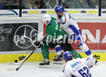 EBEL. Eishockey Bundesliga. Testspiel. EC VSV gegen HDD Olimpija Ljubljana.  Kevin Schmidt,  (VSV),  Saso Rajsar (Ljubljana). Villach, am 16.8.2019.
Foto: Kuess
www.qspictures.net
---
pressefotos, pressefotografie, kuess, qs, qspictures, sport, bild, bilder, bilddatenbank