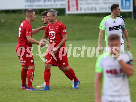 Fussball Kaerntner Liga. Feldkirchen SV gegen SAK. Torjubel Zan Palcic, Musa Mevmedoski, Thomas Riedl  (SAK). Feldkirchen, am 17.8.2019.
Foto: Kuess
www.qspictures.net
---
pressefotos, pressefotografie, kuess, qs, qspictures, sport, bild, bilder, bilddatenbank
