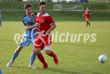 Fussball 2. KLasse D. SG SV Magdalensberg/ASKOE Poggersdorf Youngstars gegen KAC B Juniors. Martin Hofbauer, (Magdalensberg/Poggersdorf),  Maximilian Blaschitz  (KAC). Poggersdorf, am 25.8.2019.
Foto: Kuess
www.qspictures.net
---
pressefotos, pressefotografie, kuess, qs, qspictures, sport, bild, bilder, bilddatenbank