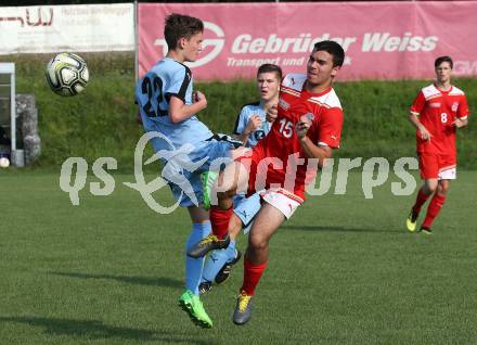 Fussball 2. KLasse D. SG SV Magdalensberg/ASKOE Poggersdorf Youngstars gegen KAC B Juniors. Tobias Schloemmer, (Magdalensberg/Poggersdorf), Marcel Prassl (KAC). Poggersdorf, am 25.8.2019.
Foto: Kuess
---
pressefotos, pressefotografie, kuess, qs, qspictures, sport, bild, bilder, bilddatenbank