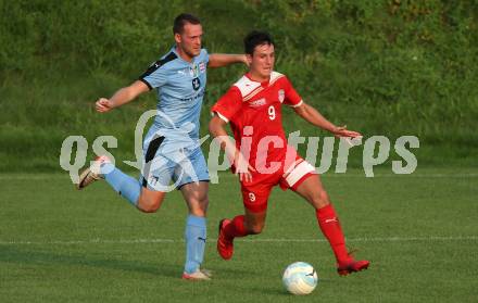 Fussball 2. KLasse D. SG SV Magdalensberg/ASKOE Poggersdorf Youngstars gegen KAC B Juniors. Claudio Fasser-Lindenthal, (Magdalensberg/Poggersdorf), Raphael Kassler  (KAC). Poggersdorf, am 25.8.2019.
Foto: Kuess
www.qspictures.net
---
pressefotos, pressefotografie, kuess, qs, qspictures, sport, bild, bilder, bilddatenbank