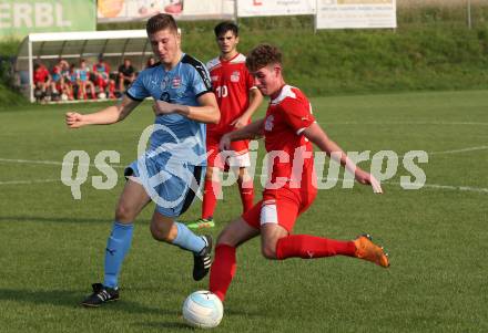 Fussball 2. KLasse D. SG SV Magdalensberg/ASKOE Poggersdorf Youngstars gegen KAC B Juniors. Lucas Elia Mehringer, (Magdalensberg/Poggersdorf),  Lukas Matthias Hausott  (KAC). Poggersdorf, am 25.8.2019.
Foto: Kuess
www.qspictures.net
---
pressefotos, pressefotografie, kuess, qs, qspictures, sport, bild, bilder, bilddatenbank