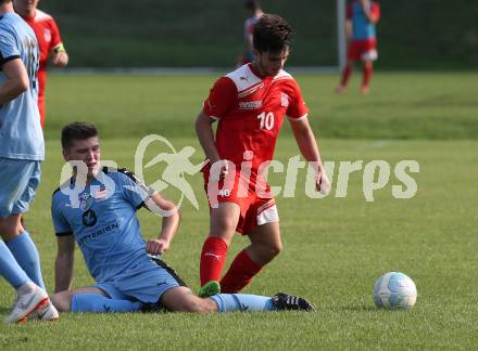 Fussball 2. KLasse D. SG SV Magdalensberg/ASKOE Poggersdorf Youngstars gegen KAC B Juniors. Lucas Elia Mehringer, (Magdalensberg/Poggersdorf),   Rigon Gashi  (KAC). Poggersdorf, am 25.8.2019.
Foto: Kuess
www.qspictures.net
---
pressefotos, pressefotografie, kuess, qs, qspictures, sport, bild, bilder, bilddatenbank