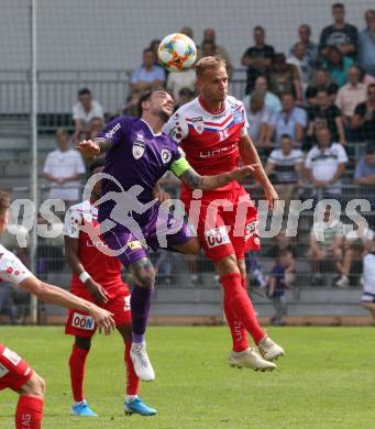 Fussball 2. Liga. SK Austra Klagenfurt gegen FC Blau Weiss Linz. Philipp Huetter,  (Austria Klagenfurt), Martin Kreuzriegler (Linz). Klagenfurt, am 25.8.2019.
Foto: Kuess
www.qspictures.net
---
pressefotos, pressefotografie, kuess, qs, qspictures, sport, bild, bilder, bilddatenbank