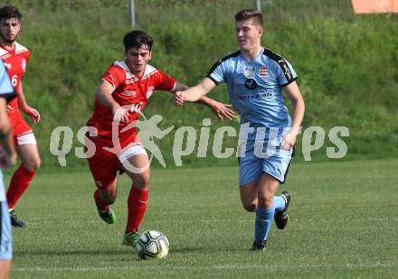 Fussball 2. KLasse D. SG SV Magdalensberg/ASKOE Poggersdorf Youngstars gegen KAC B Juniors. Lucas Elia Mehringer, (Magdalensberg/Poggersdorf), Rigon Gashi (KAC). Poggersdorf, am 25.8.2019.
Foto: Kuess
---
pressefotos, pressefotografie, kuess, qs, qspictures, sport, bild, bilder, bilddatenbank