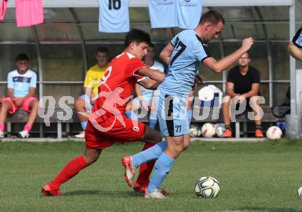 Fussball 2. KLasse D. SG SV Magdalensberg/ASKOE Poggersdorf Youngstars gegen KAC B Juniors. Claudio Fasser-Lindenthal (Magdalensberg/Poggersdorf), Raphael Kassler (KAC). Poggersdorf, am 25.8.2019.
Foto: Kuess
---
pressefotos, pressefotografie, kuess, qs, qspictures, sport, bild, bilder, bilddatenbank