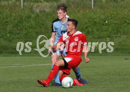 Fussball 2. KLasse D. SG SV Magdalensberg/ASKOE Poggersdorf Youngstars gegen KAC B Juniors. Maximilian Schloemmer, (Magdalensberg/Poggersdorf),  Maximilian Blaschitz  (KAC). Poggersdorf, am 25.8.2019.
Foto: Kuess
www.qspictures.net
---
pressefotos, pressefotografie, kuess, qs, qspictures, sport, bild, bilder, bilddatenbank