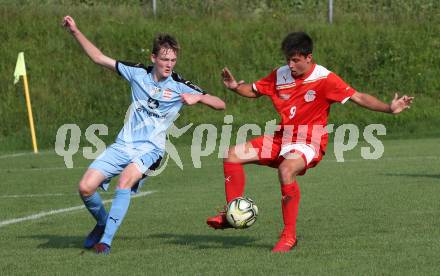 Fussball 2. KLasse D. SG SV Magdalensberg/ASKOE Poggersdorf Youngstars gegen KAC B Juniors. Maximilian Schloemmer, (Magdalensberg/Poggersdorf), Raphael Kassler (KAC). Poggersdorf, am 25.8.2019.
Foto: Kuess
---
pressefotos, pressefotografie, kuess, qs, qspictures, sport, bild, bilder, bilddatenbank