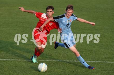 Fussball 2. KLasse D. SG SV Magdalensberg/ASKOE Poggersdorf Youngstars gegen KAC B Juniors. Maximilian Schloemmer, (Magdalensberg/Poggersdorf),  Ermal Haliti  (KAC). Poggersdorf, am 25.8.2019.
Foto: Kuess
www.qspictures.net
---
pressefotos, pressefotografie, kuess, qs, qspictures, sport, bild, bilder, bilddatenbank