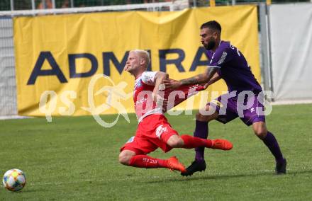 Fussball 2. Liga. SK Austra Klagenfurt gegen FC Blau Weiss Linz. Kosmas Gkezos, (Austria Klagenfurt), Thomas Froeschl  (Linz). Klagenfurt, am 25.8.2019.
Foto: Kuess
www.qspictures.net
---
pressefotos, pressefotografie, kuess, qs, qspictures, sport, bild, bilder, bilddatenbank