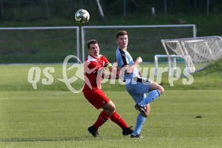 Fussball 2. KLasse D. SG SV Magdalensberg/ASKOE Poggersdorf Youngstars gegen KAC B Juniors. Lucas Elia Mehringer, (Magdalensberg/Poggersdorf),  Walter Auer   (KAC). Poggersdorf, am 25.8.2019.
Foto: Kuess
www.qspictures.net
---
pressefotos, pressefotografie, kuess, qs, qspictures, sport, bild, bilder, bilddatenbank