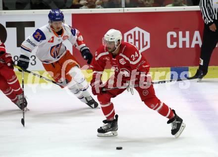 Eishockey, Europa Champions Hockey League.  KAC gegen Tappara Tampere (Finnland). Steven Strong,  (KAC), Patrik Puistola  (Tappara Tampere). Klagenfurt, am 29.8.2019.
Foto: Kuess
www.qspictures.net
---
pressefotos, pressefotografie, kuess, qs, qspictures, sport, bild, bilder, bilddatenbank
