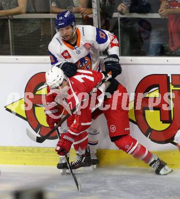 Eishockey, Europa Champions Hockey League.  KAC gegen Tappara Tampere (Finnland). Manuel Ganahl,  (KAC), Valtteri Kemilaeinen  (Tappara Tampere). Klagenfurt, am 29.8.2019.
Foto: Kuess
www.qspictures.net
---
pressefotos, pressefotografie, kuess, qs, qspictures, sport, bild, bilder, bilddatenbank
