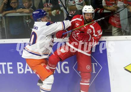 Eishockey, Europa Champions Hockey League.  KAC gegen Tappara Tampere (Finnland). Thomas Koch,  (KAC),  Niko Ojamaeki (Tappara Tampere). Klagenfurt, am 29.8.2019.
Foto: Kuess
www.qspictures.net
---
pressefotos, pressefotografie, kuess, qs, qspictures, sport, bild, bilder, bilddatenbank