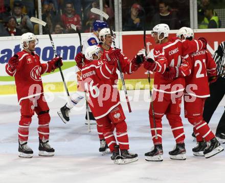 Eishockey, Europa Champions Hockey League.  KAC gegen Tappara Tampere (Finnland). Torjubel Manuel Ganahl, Johannes Bischofberger, Marco Richter, Adam Comrie, Thomas Hundertpfund  (KAC). Klagenfurt, am 29.8.2019.
Foto: Kuess
www.qspictures.net
---
pressefotos, pressefotografie, kuess, qs, qspictures, sport, bild, bilder, bilddatenbank