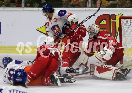 Eishockey, Europa Champions Hockey League.  KAC gegen Tappara Tampere (Finnland). Nicholas Eric Petersen, Steven Strong, Lars Haugen (KAC),   Charles Bertrand (Tappara Tampere). Klagenfurt, am 29.8.2019.
Foto: Kuess
www.qspictures.net
---
pressefotos, pressefotografie, kuess, qs, qspictures, sport, bild, bilder, bilddatenbank
