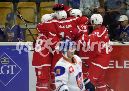 Eishockey, Europa Champions Hockey League.  KAC gegen Tappara Tampere (Finnland). Torjubel Matthew Neal, Thomas Koch, Patrick Harand, Martin Schumnig, Andrew Jacob Kozek  (KAC). Klagenfurt, am 29.8.2019.
Foto: Kuess
www.qspictures.net
---
pressefotos, pressefotografie, kuess, qs, qspictures, sport, bild, bilder, bilddatenbank