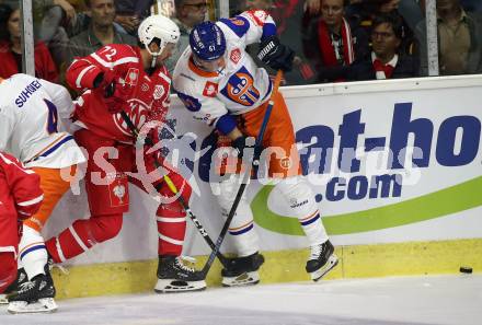Eishockey, Europa Champions Hockey League.  KAC gegen Tappara Tampere (Finnland). Siim Livik,  (KAC), Juhani Jasu  (Tappara Tampere). Klagenfurt, am 29.8.2019.
Foto: Kuess
www.qspictures.net
---
pressefotos, pressefotografie, kuess, qs, qspictures, sport, bild, bilder, bilddatenbank