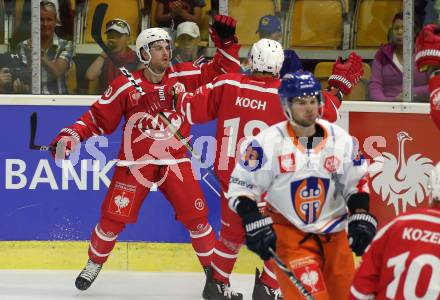 Eishockey, Europa Champions Hockey League.  KAC gegen Tappara Tampere (Finnland). Torjubel Matthew Neal, Thomas Koch  (KAC). Klagenfurt, am 29.8.2019.
Foto: Kuess
www.qspictures.net
---
pressefotos, pressefotografie, kuess, qs, qspictures, sport, bild, bilder, bilddatenbank