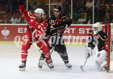 Eishockey. CHL. Europa Champions Hockey League.  KAC gegen Frisk Asker (Norwegen). Andrew Jacob Kozek,  (KAC),  Endre Medby, Nicklas Dahlberg (Frisk Asker). Klagenfurt, am 31.8.2019.
Foto: Kuess
www.qspictures.net
---
pressefotos, pressefotografie, kuess, qs, qspictures, sport, bild, bilder, bilddatenbank
