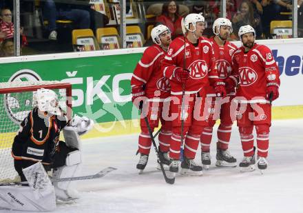 Eishockey. CHL. Europa Champions Hockey League.  KAC gegen Frisk Asker (Norwegen). Torjubel Nicholas Petersen, Matthew Neal, Andrew Jacob Kozek, Thomas Koch (KAC). Klagenfurt, am 31.8.2019.
Foto: Kuess
www.qspictures.net
---
pressefotos, pressefotografie, kuess, qs, qspictures, sport, bild, bilder, bilddatenbank